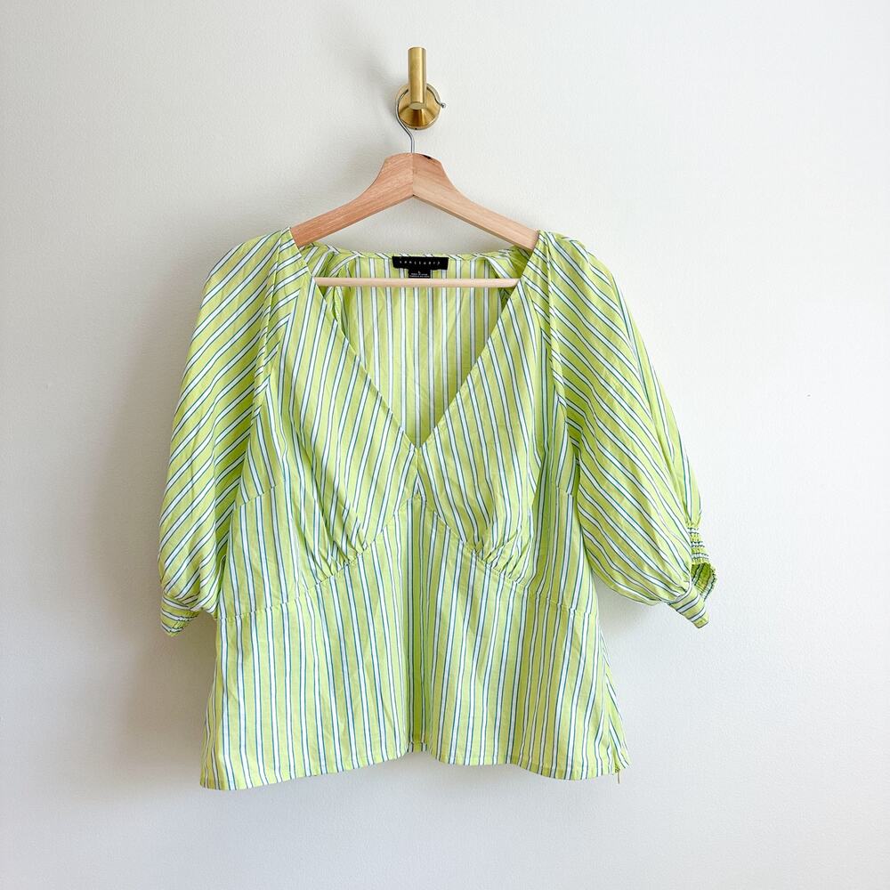 Sanctuary V-Neck Striped Puff 3/4 Sleeve Poplin Blouse Green L